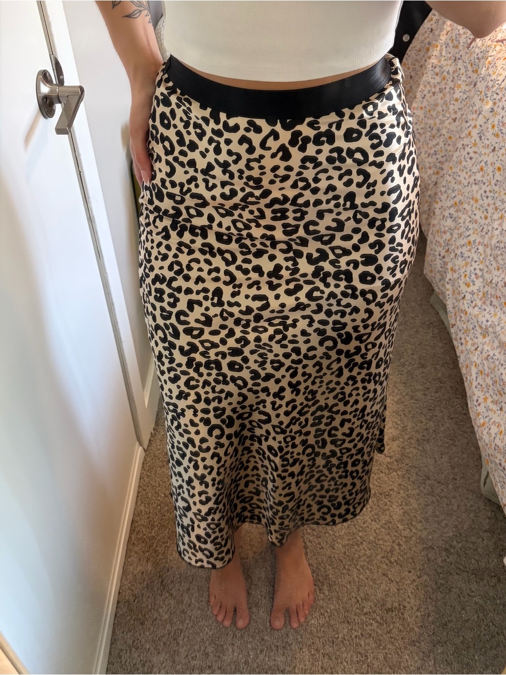 Leopard Print Satin Midi Skirt